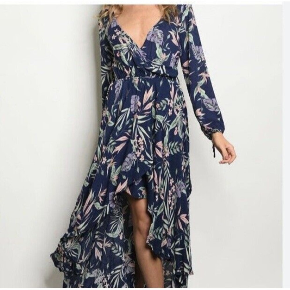 Fashion Leader Women's L Blue Floral Hi Lo Long Sleeve Maxi Dress V-neck Belt